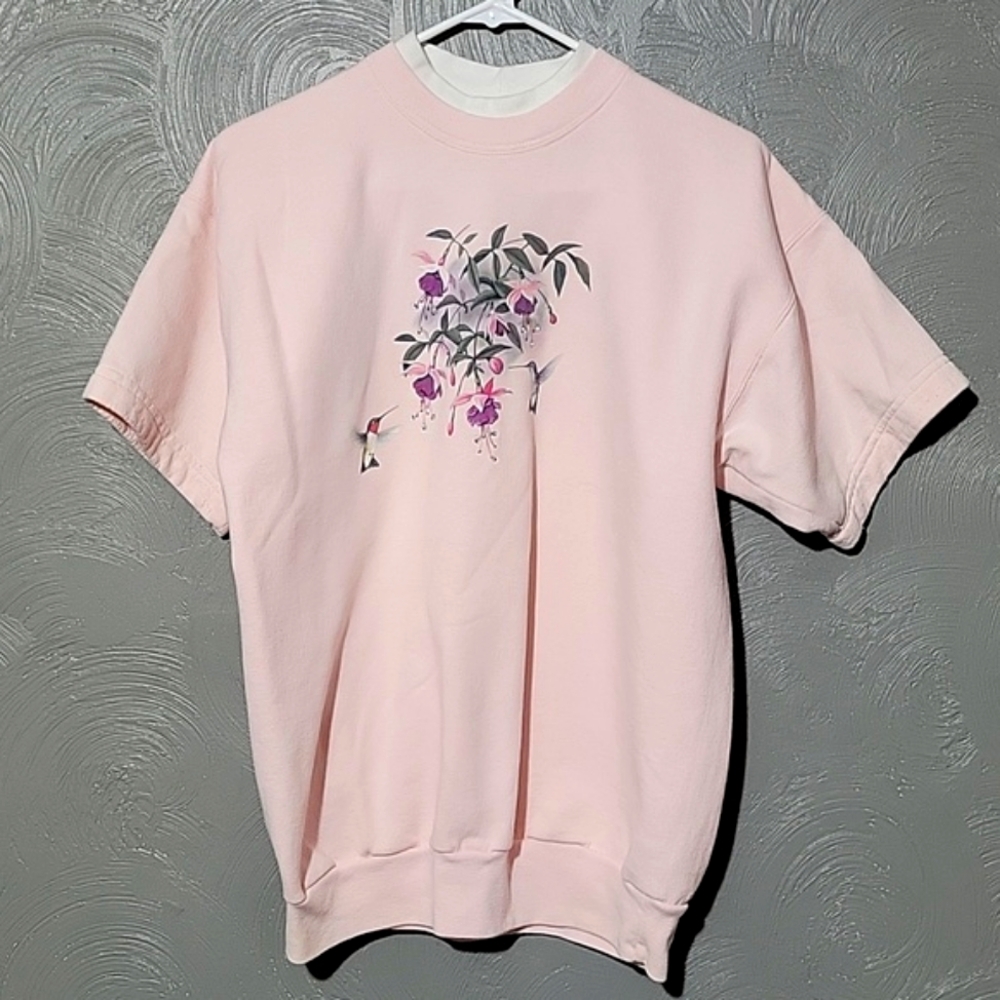 Vintage Floral Pink Bird Nature Grandma Short Sleeve Sweatpant Sweatshirt Medium